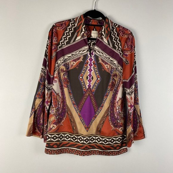 Chicos Blouse Womens 0 US S Scarf Print Collared Geometric Bell Sleeves Popover - Picture 1 of 10